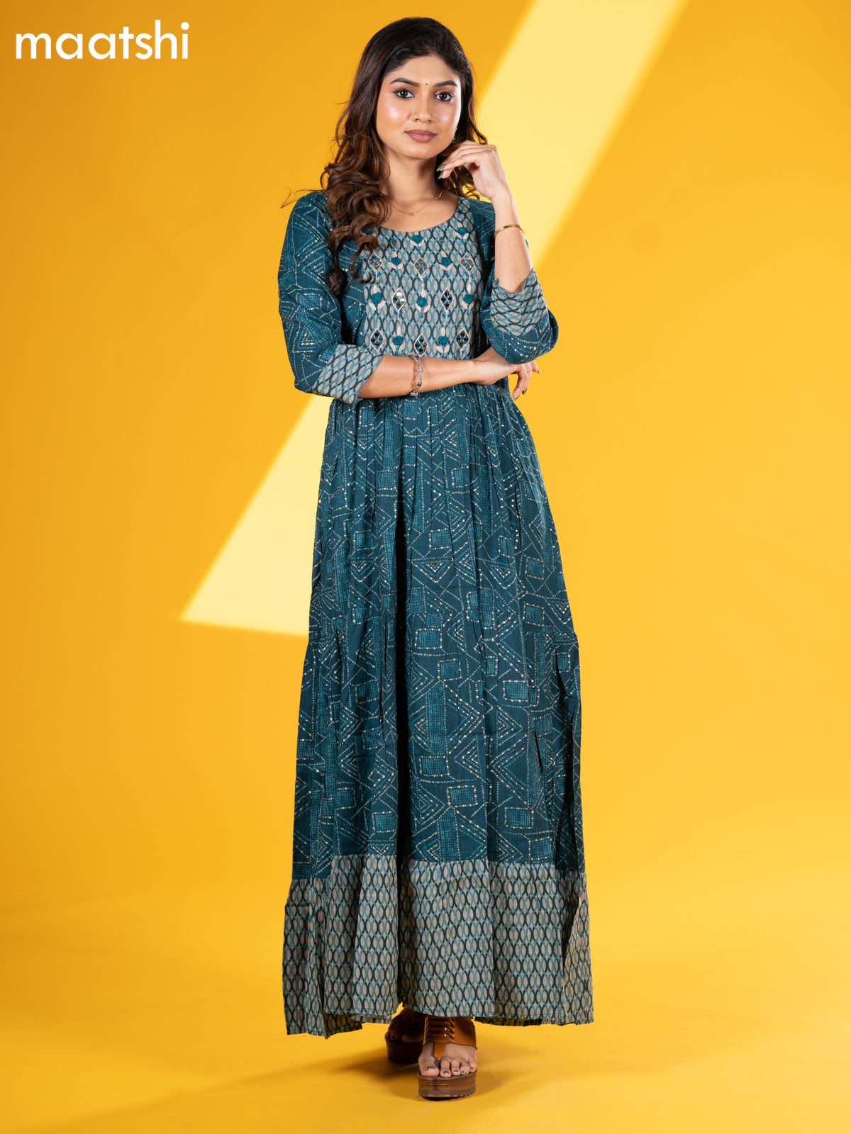 Rayon floor length dress peacock blue with allover prints & mirror work neck pattern and without pant