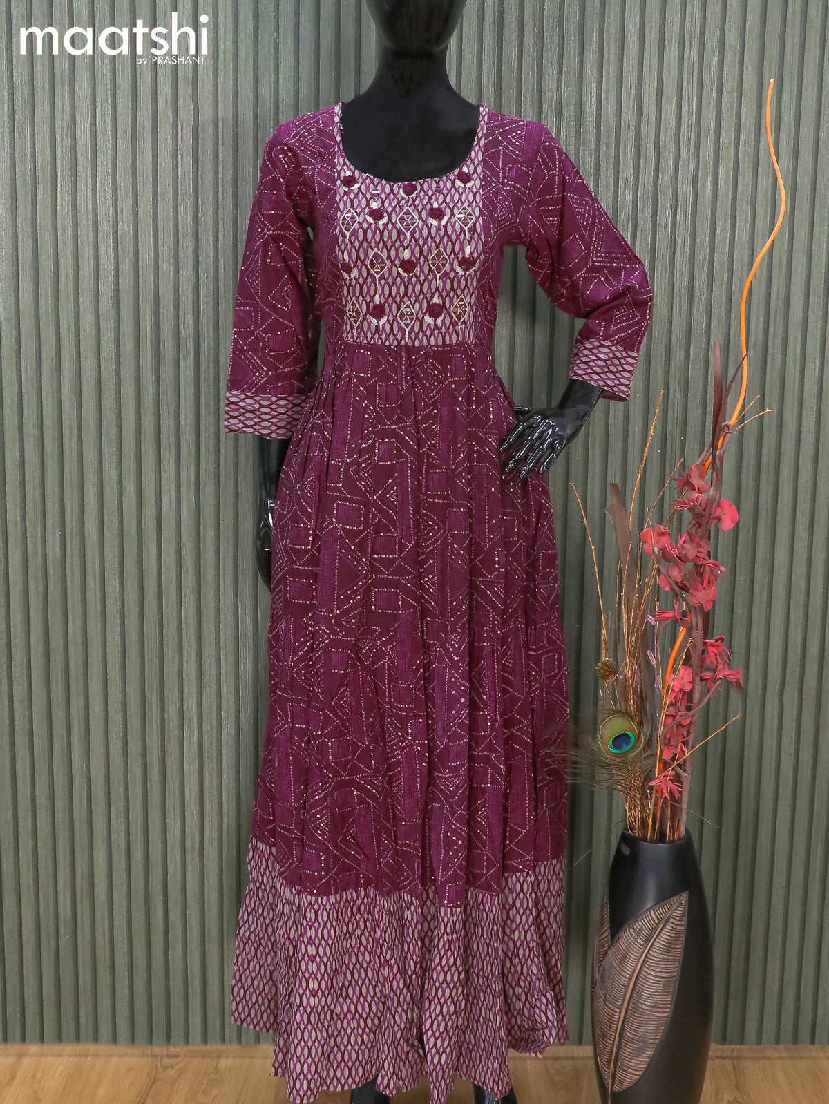 Rayon readymade floor length kurti deep purple with allover prints & mirror work neck pattern and without pant