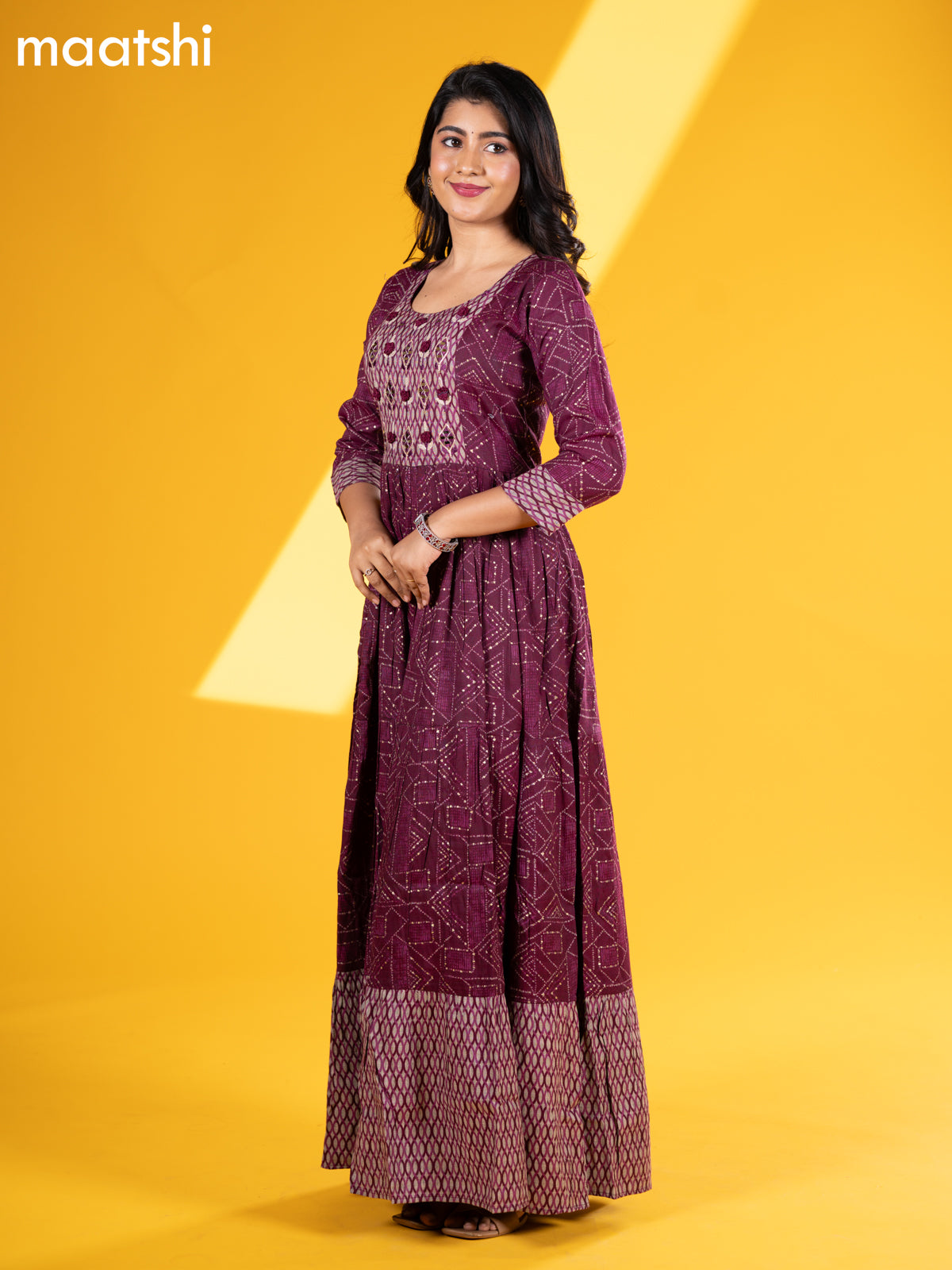 Rayon floor length dress deep purple with allover prints & mirror work neck pattern and without pant