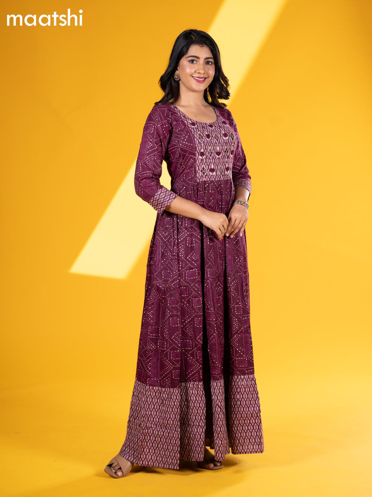 Rayon floor length dress deep purple with allover prints & mirror work neck pattern and without pant