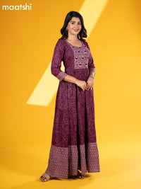 Rayon floor length dress deep purple with allover prints & mirror work neck pattern and without pant