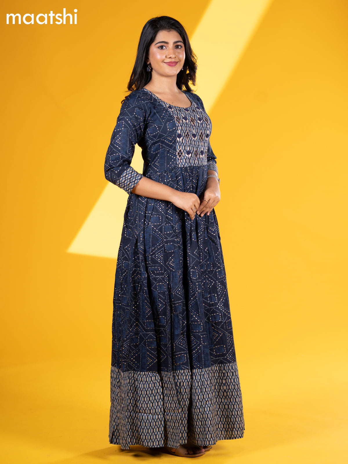 Rayon floor length dress dark blue with allover prints & mirror work neck pattern and without pant