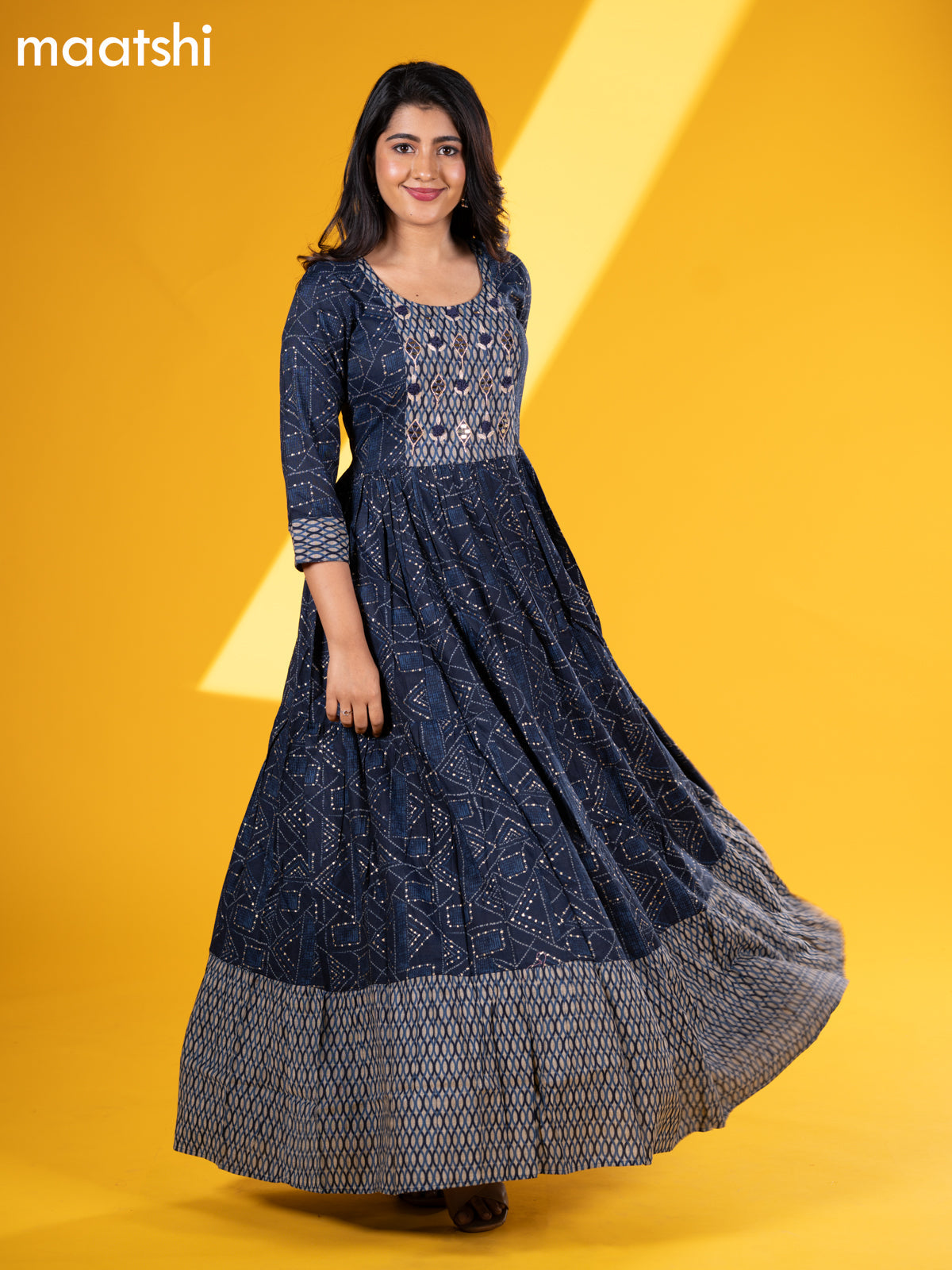 Rayon floor length dress dark blue with allover prints & mirror work neck pattern and without pant