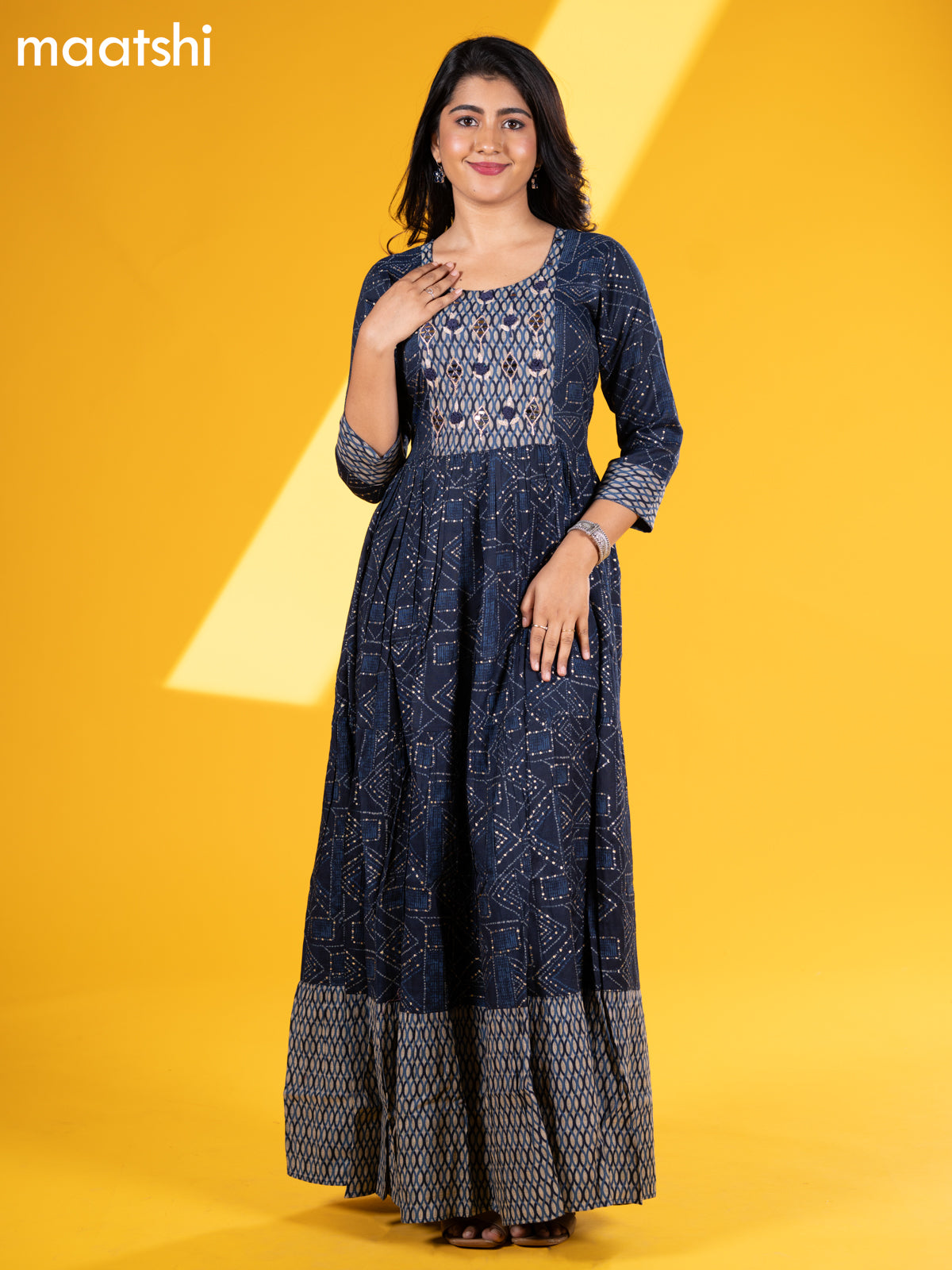 Rayon floor length dress dark blue with allover prints & mirror work neck pattern and without pant