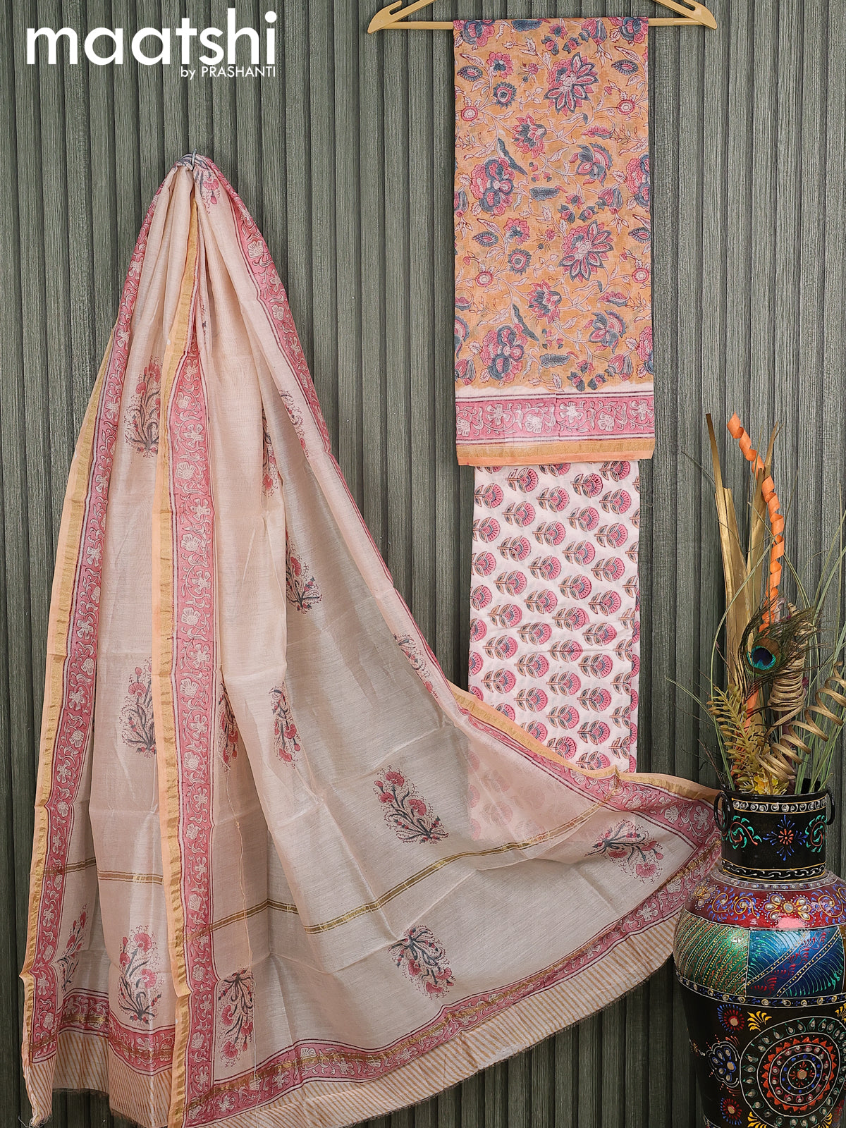 Pure chanderi dress material peach orange off white with allover floral prints and small zari woven border