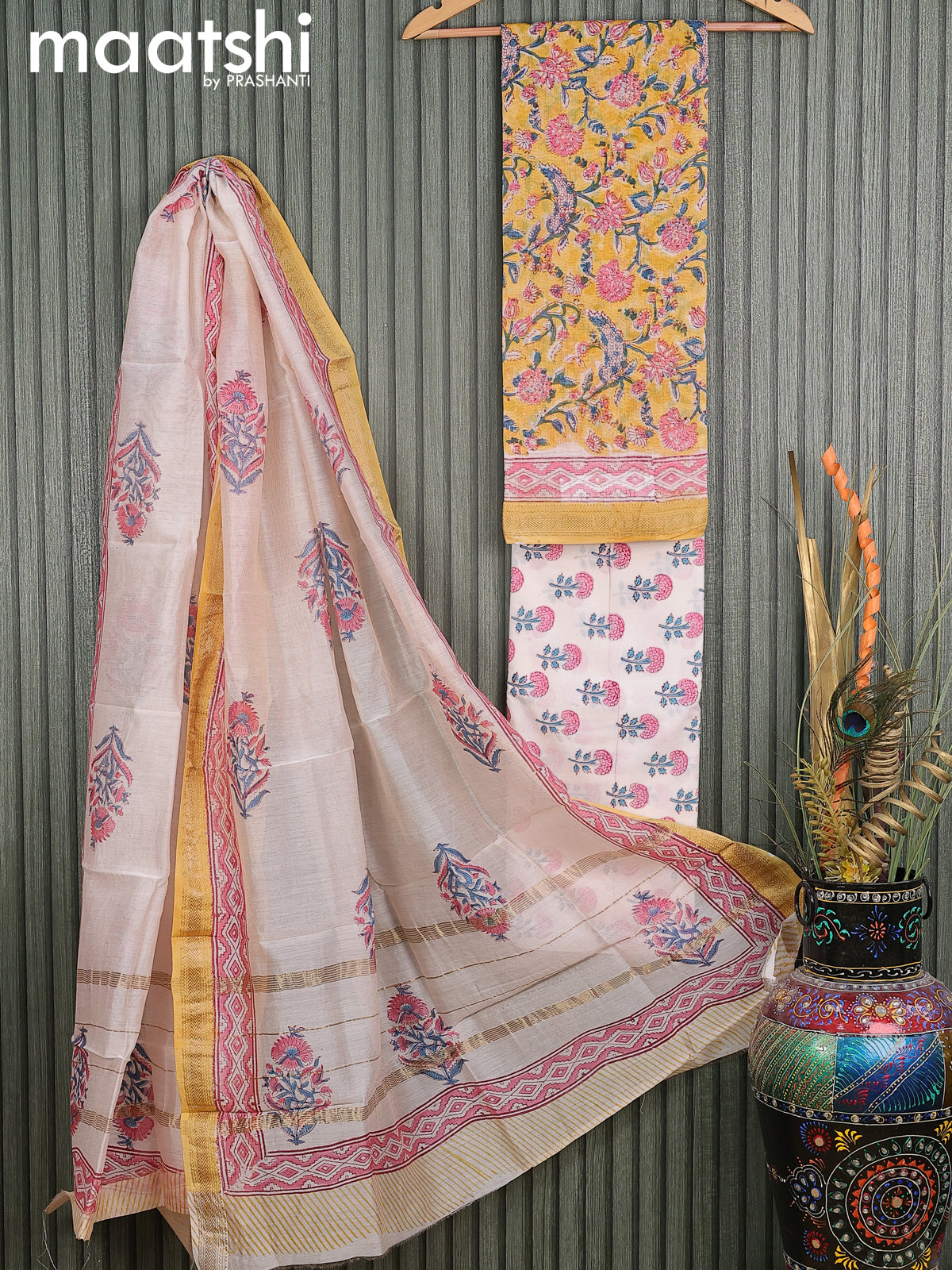 Pure chanderi dress material yellow off white with allover floral prints and maheshwari border