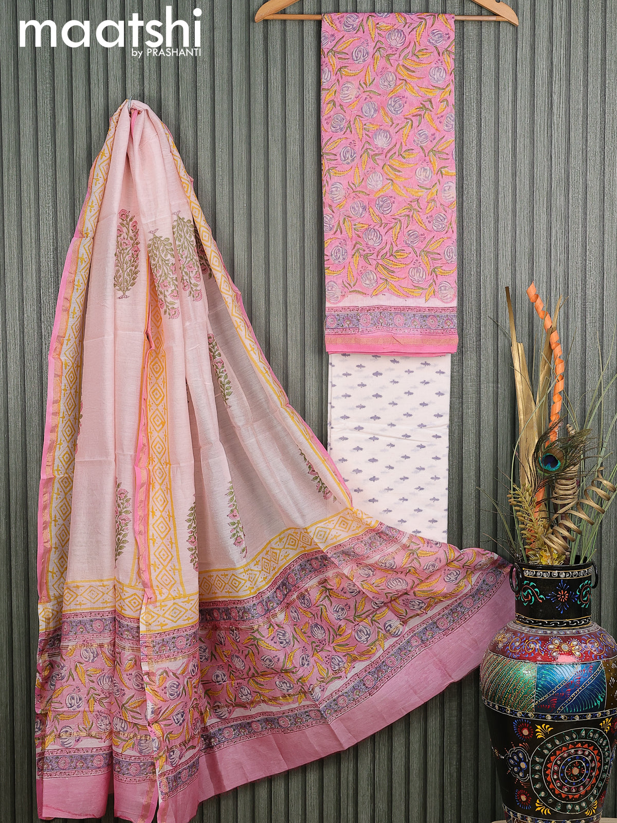 Pure chanderi dress material light pink off white with allover prints and small zari woven border