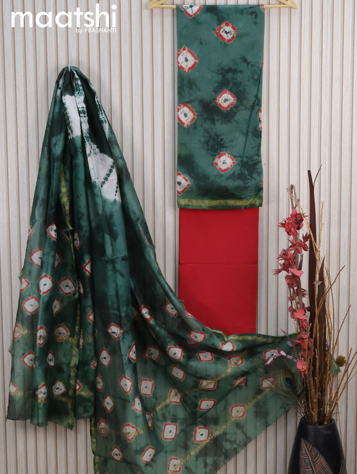 Pure chanderi dress material green shade orange with batik butta prints and small zari woven border