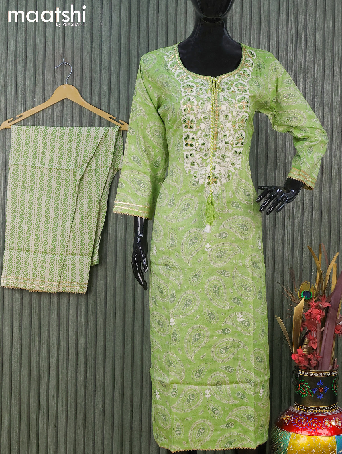 Soft cotton readymade salwar suits light green shade cream with allover prints & floral design embroidery work neck pattern and straight cut pant & chiffon dupatta