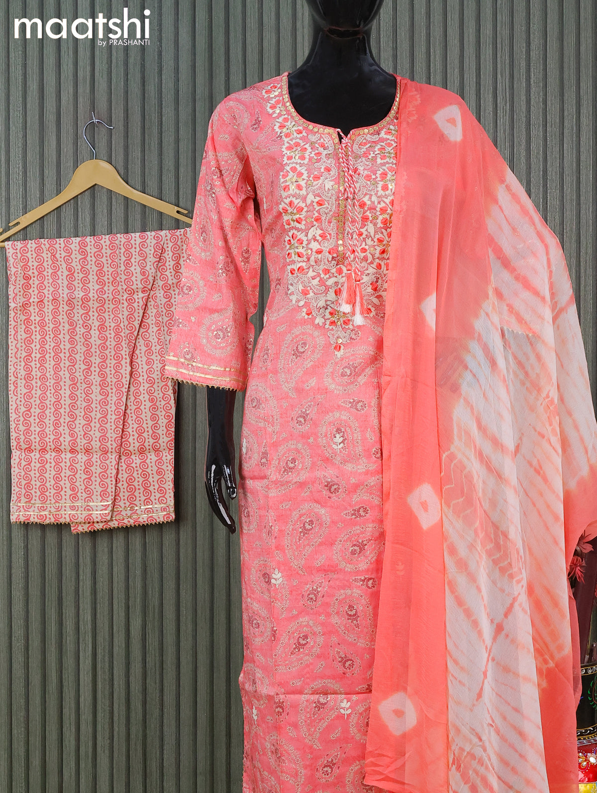 Soft cotton readymade salwar suits peach pink cream with allover prints & floral design embroidery work neck pattern and straight cut pant & chiffon dupatta