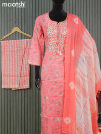 Soft cotton readymade salwar suits peach pink cream with allover prints & floral design embroidery work neck pattern and straight cut pant & chiffon dupatta