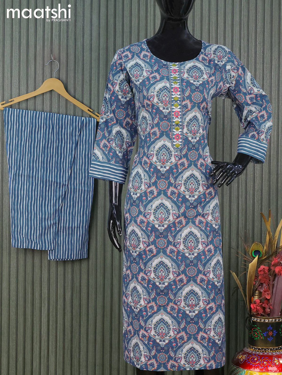 Cotton readymade kurti salwar suits blue with allover prints and straight cut pant & dupatta