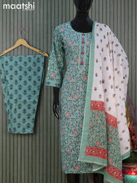 Cotton readymade kurti salwar suits green shade off white with allover floral prints and straight cut pant & dupatta