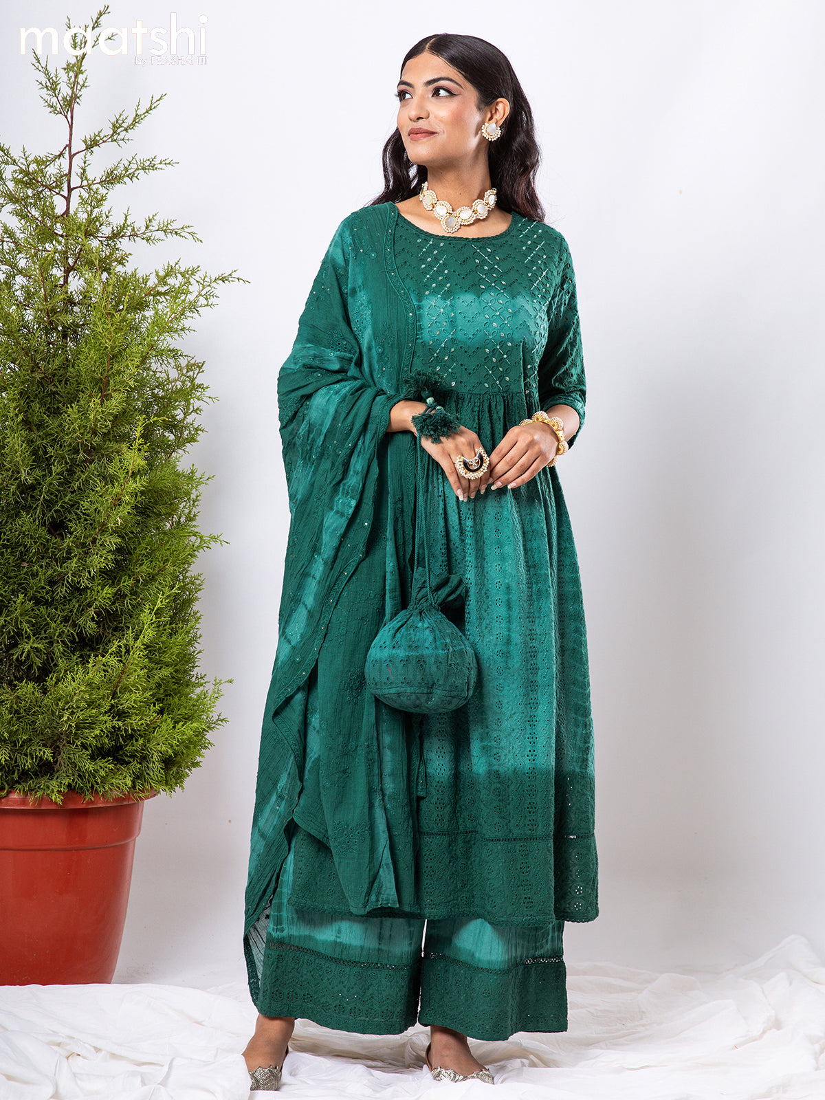 Cotton readymade anarkali salwar suit peacock green with allover beaded hakoba work & potli and palazzo pant & dupatta