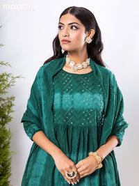 Cotton readymade anarkali salwar suit peacock green with allover beaded hakoba work & potli and palazzo pant & dupatta