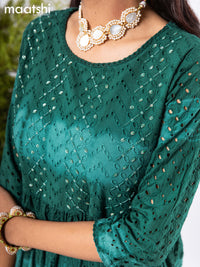 Cotton readymade anarkali salwar suit peacock green with allover beaded hakoba work & potli and palazzo pant & dupatta