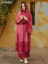 Cotton readymade anarkali salwar suit maroon shade pastel pink with allover beaded hakoba work & potli and palazzo pant & dupatta
