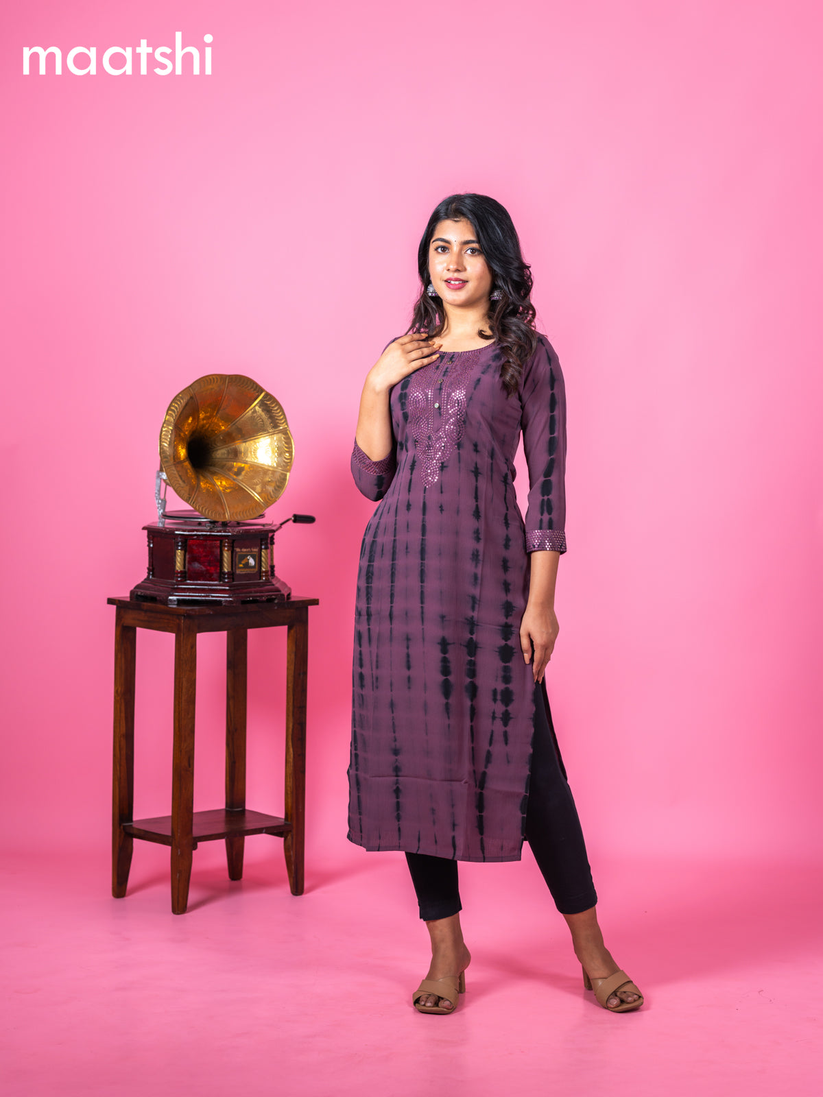 Chiffon kurti wine shade with tie and dye prints & sequin work neck pattern and without pant