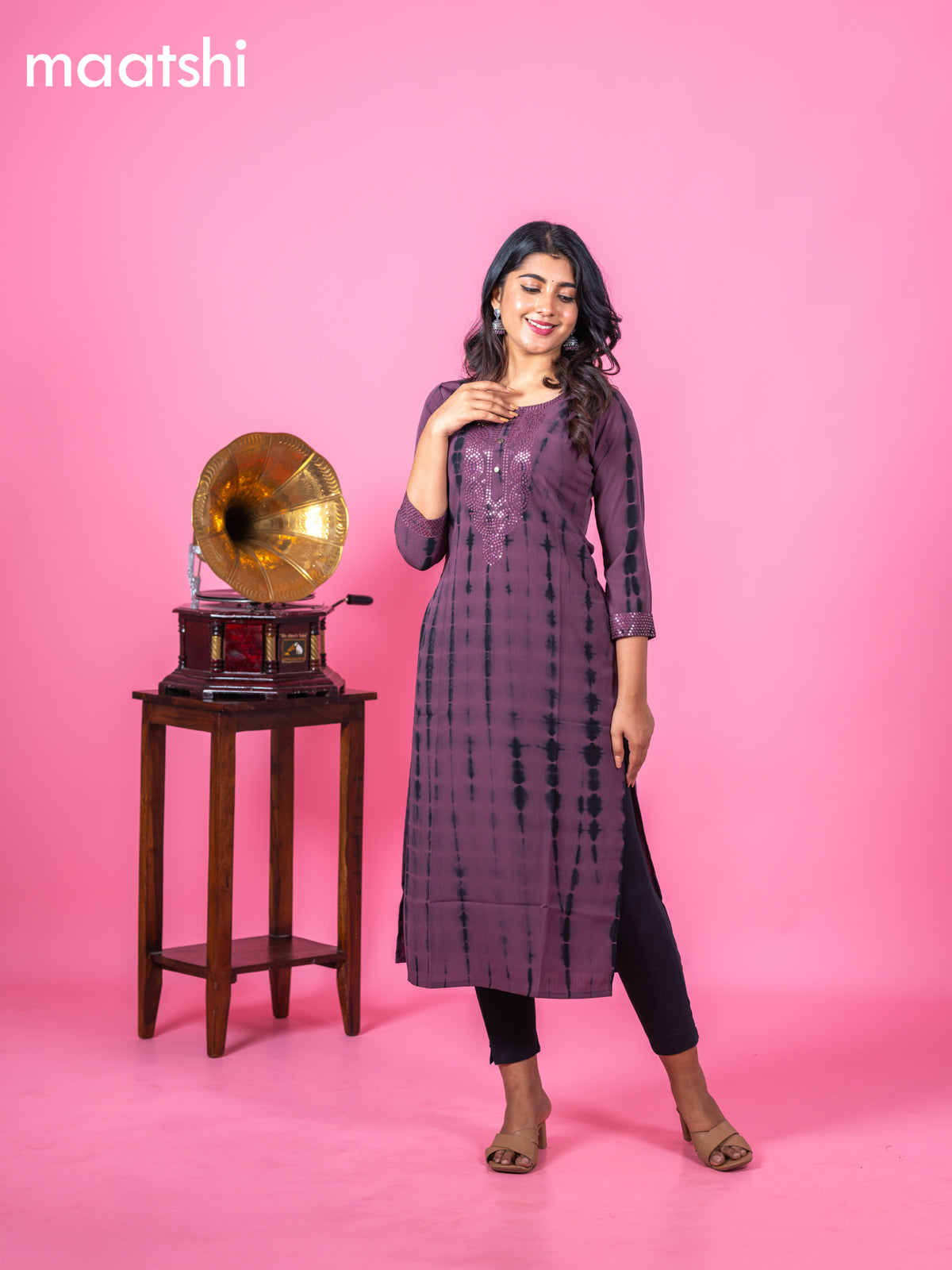 Chiffon kurti wine shade with tie and dye prints & sequin work neck pattern and without pant