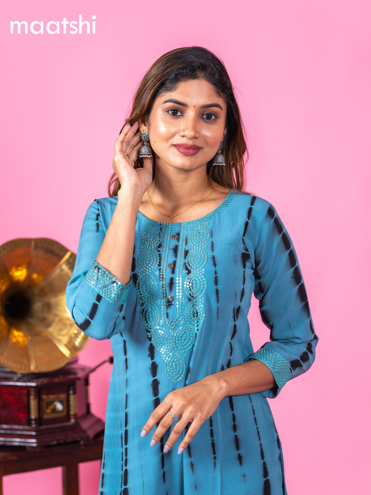 Chiffon kurti blue with tie and dye prints & sequin work neck pattern and without pant