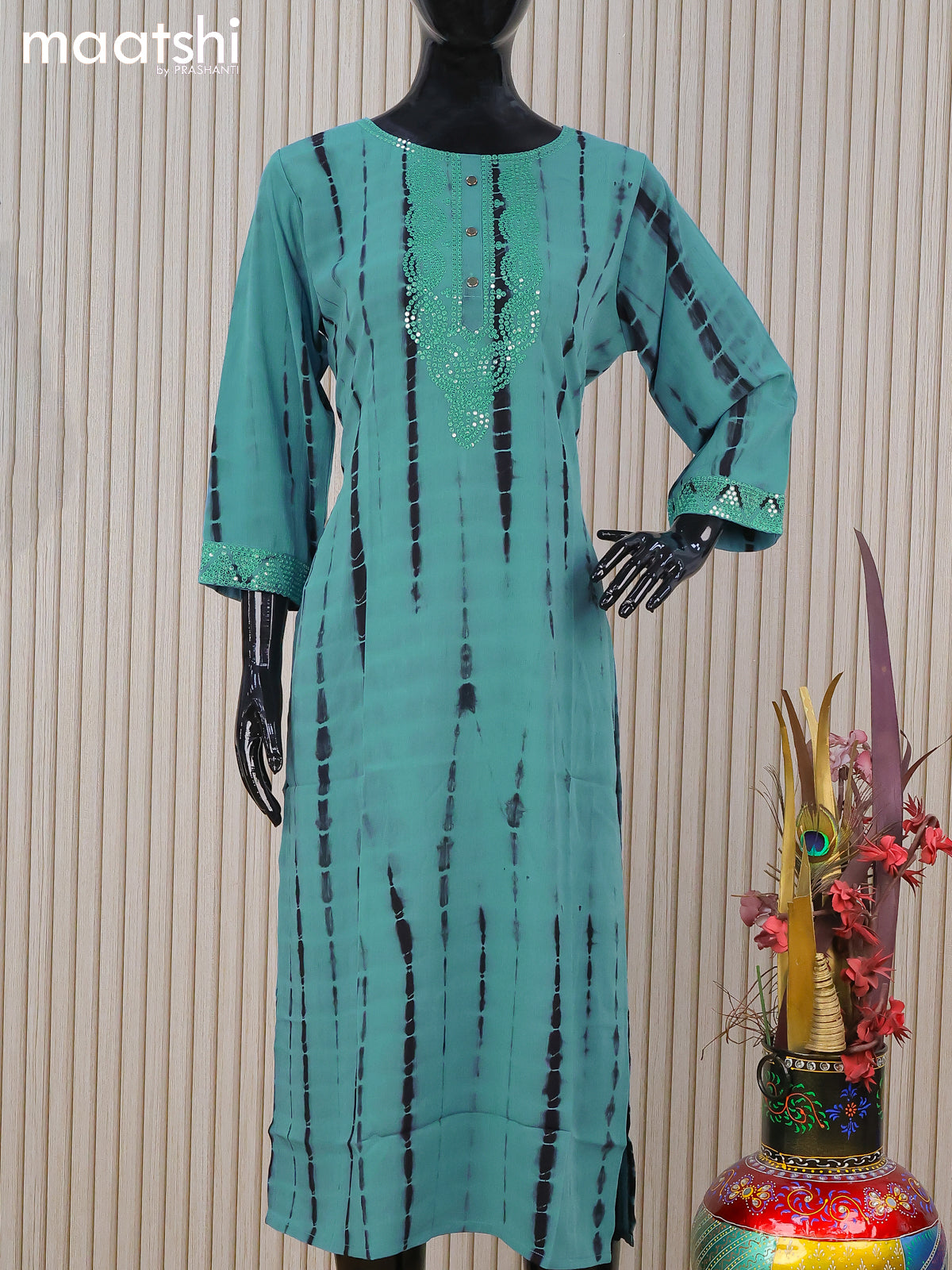 Chiffon readymade kurti blue with tie and dye prints & sequin work neck pattern and without pant