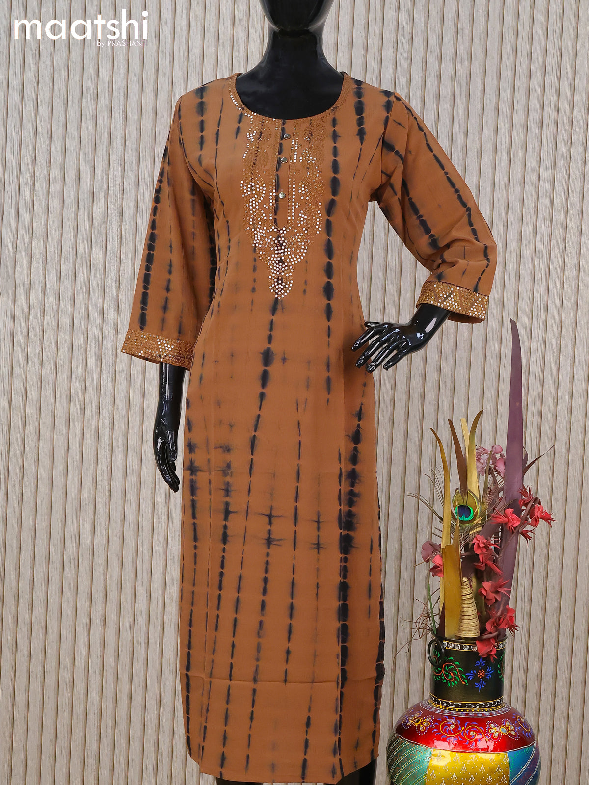 Chiffon readymade kurti rust shade with tie and dye prints & sequin work neck pattern and without pant