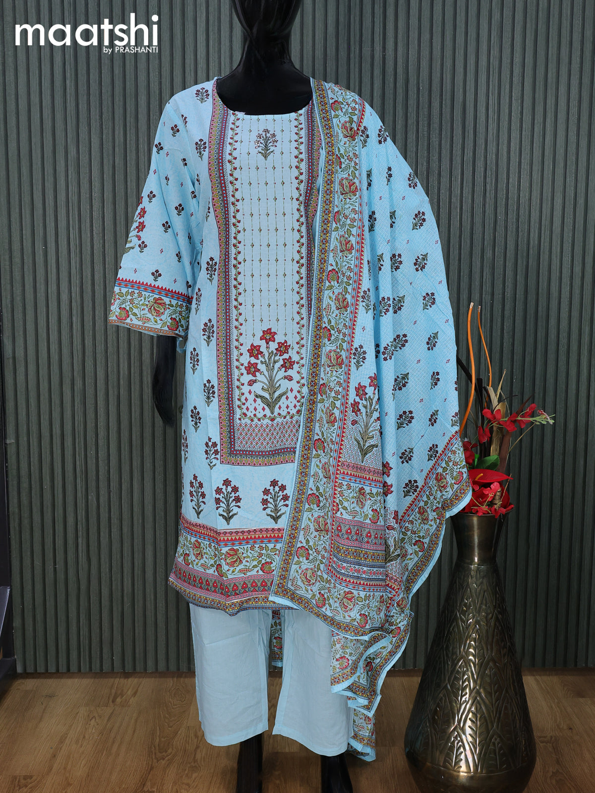 Cotton readymade salwar suit light blue with floral prints & sequin work neck pattern and straight cut pant & cotton dupatta