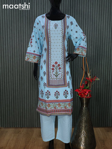 Cotton readymade salwar suit light blue with floral prints & sequin work neck pattern and straight cut pant & cotton dupatta