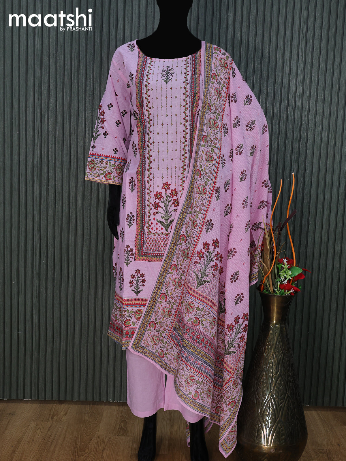 Cotton readymade salwar suit light pink with floral prints & sequin work neck pattern and straight cut pant & cotton dupatta