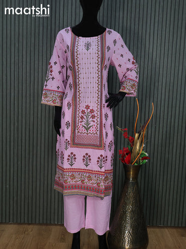 Cotton readymade salwar suit light pink with floral prints & sequin work neck pattern and straight cut pant & cotton dupatta