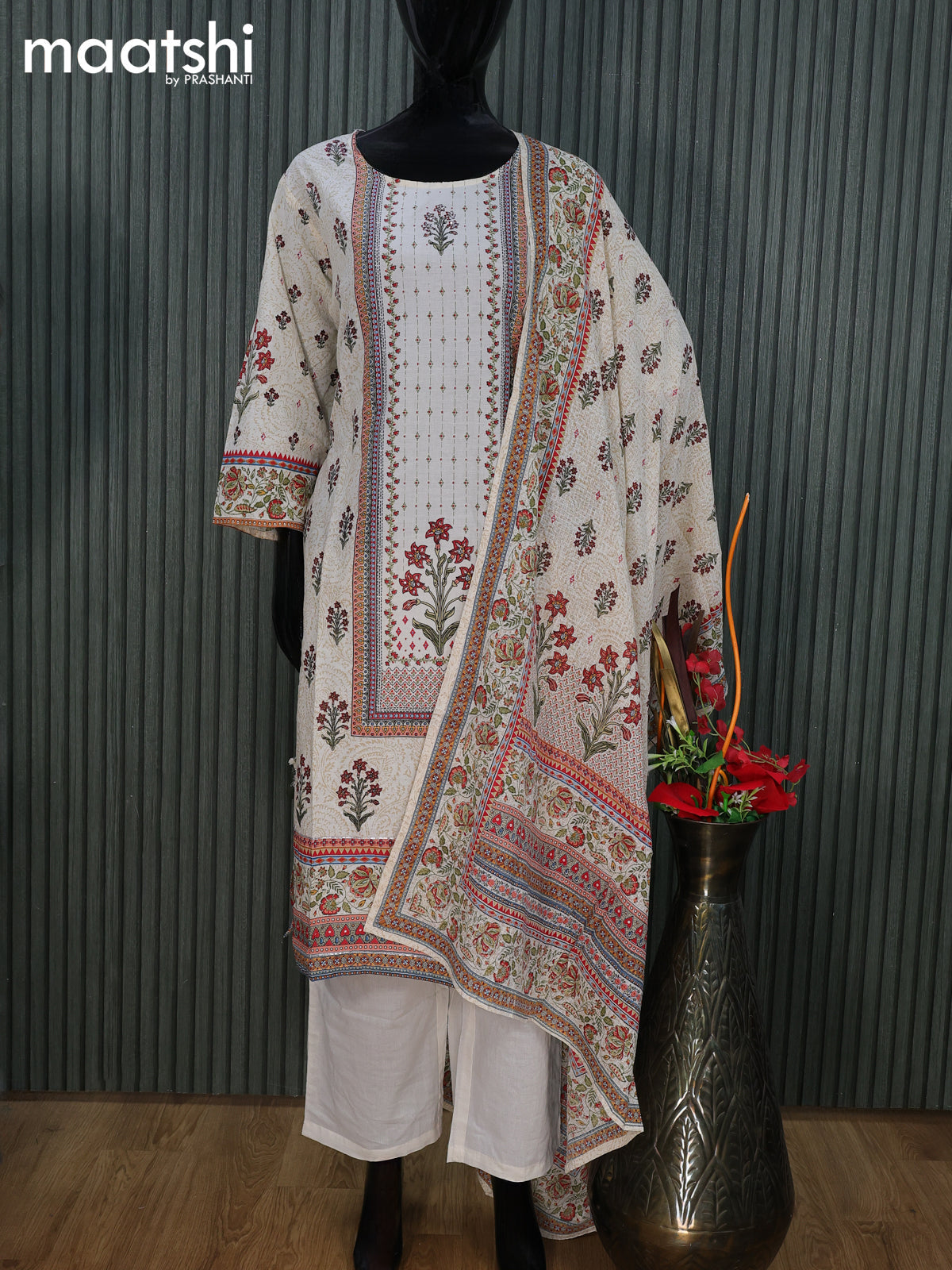 Cotton readymade salwar suit cream with floral prints & sequin work neck pattern and straight cut pant & cotton dupatta