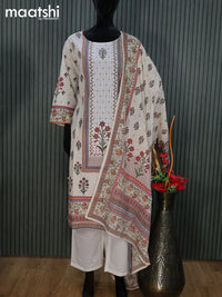 Cotton readymade salwar suit cream with floral prints & sequin work neck pattern and straight cut pant & cotton dupatta