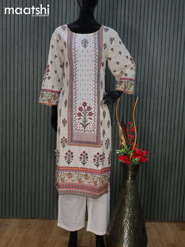 Cotton readymade salwar suit cream with floral prints & sequin work neck pattern and straight cut pant & cotton dupatta