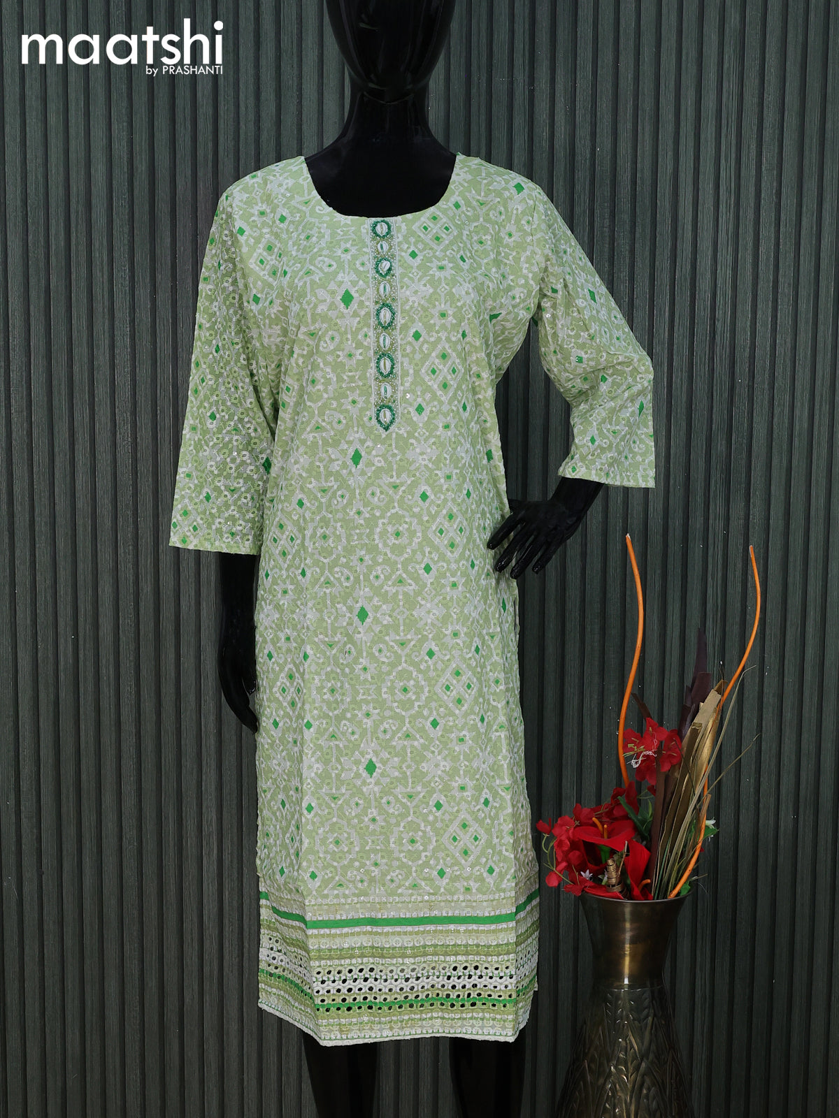 Cotton readymade kurti pista green and off white with allover geometric prints & embroidery work without pant