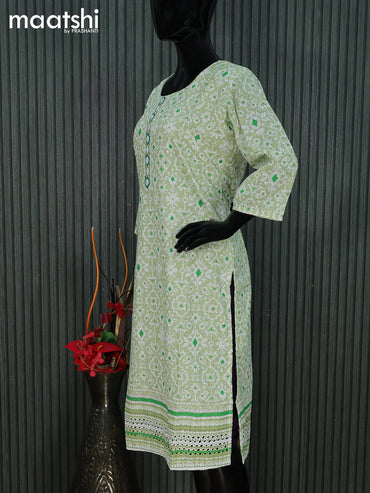 Cotton readymade kurti pista green and off white with allover geometric prints & embroidery work without pant