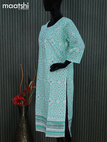 Cotton readymade kurti teal blue and off white with allover geometric prints & embroidery work without pant