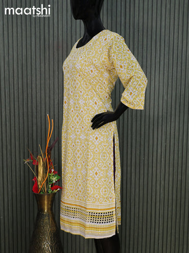 Cotton readymade kurti yellow and off white with allover geometric prints & embroidery work without pant