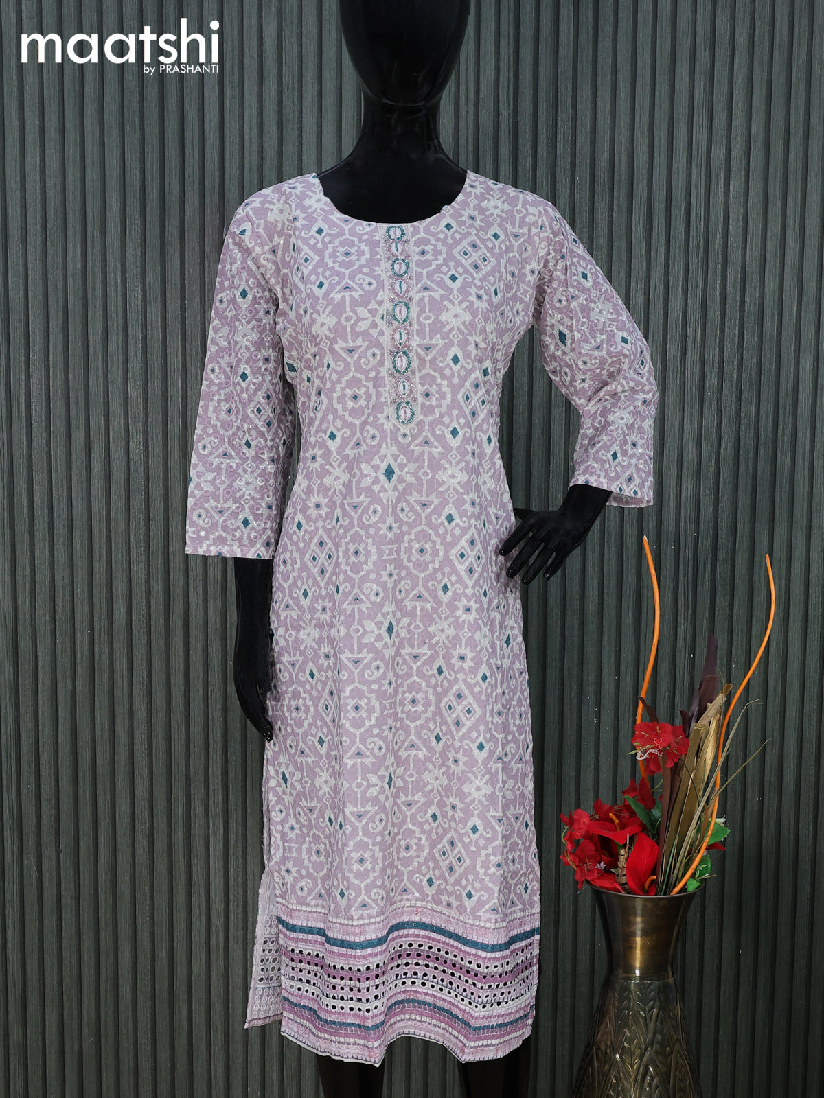 Cotton readymade kurti pastel purple and off white with allover geometric prints & embroidery work without pant