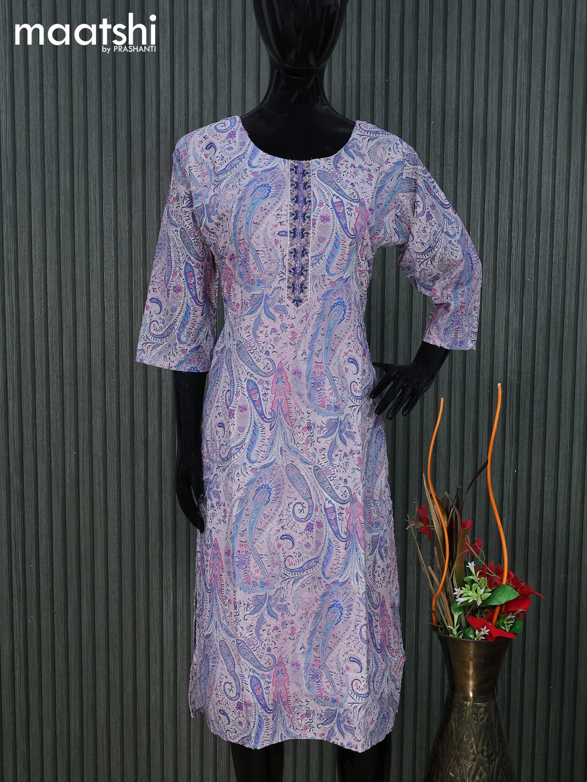 Cotton readymade kurti grey shade with allover floral prints & embroidery work without pant