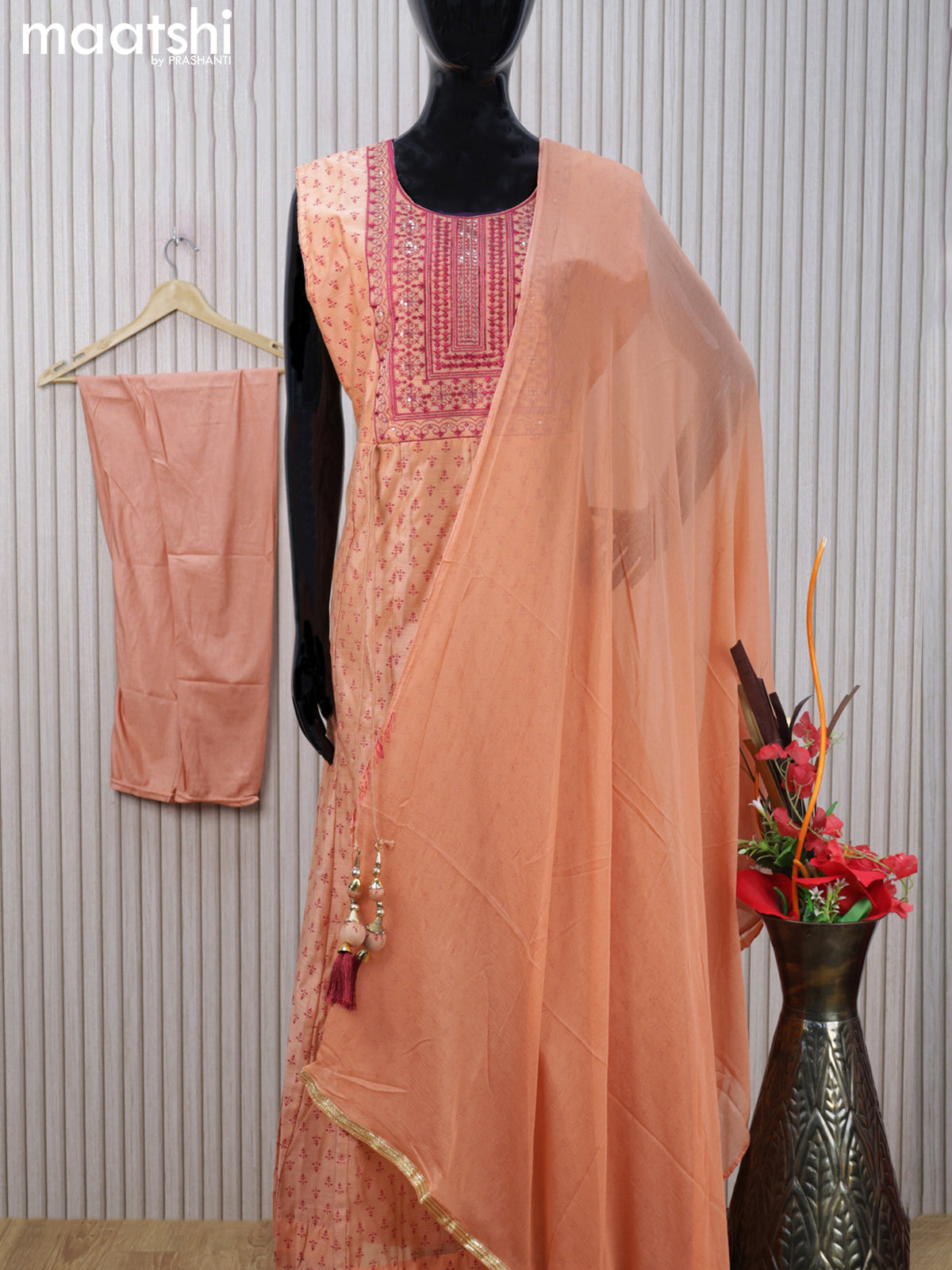 Chanderi readymade anarkali salwar suit peach orange with allover prints & embroidery sequin work neck pattern and straight cut pant & chiffon dupatta sleeve attached