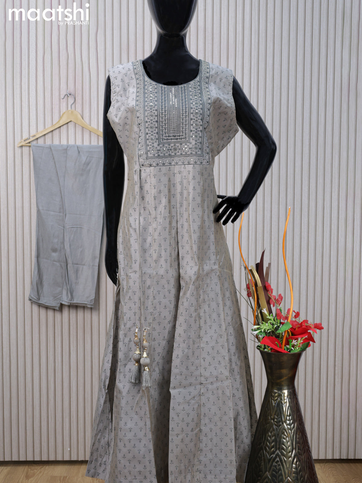 Chanderi readymade anarkali salwar suit grey with allover prints & embroidery sequin work neck pattern and straight cut pant & chiffon dupatta sleeve attached