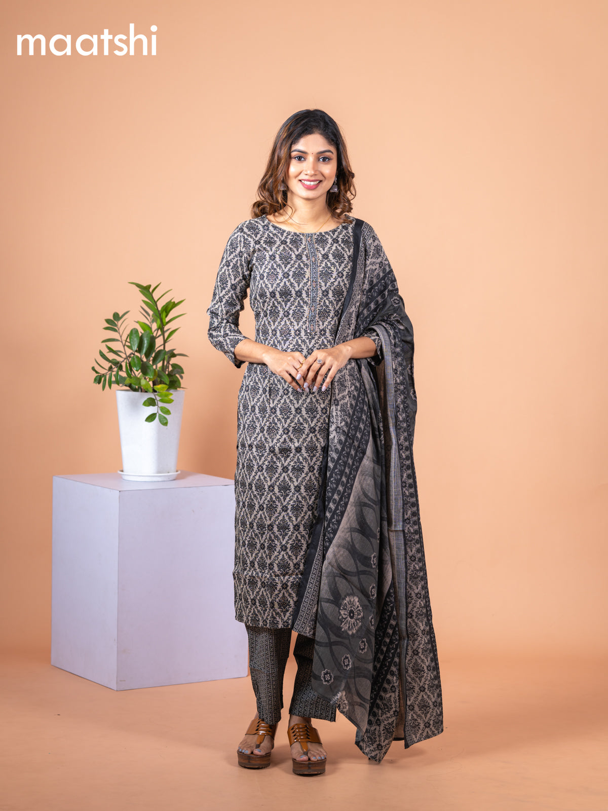 Rayon cotton salwar suit grey and black with allover prints & simple neck pattern and straight cut pant & dupatta