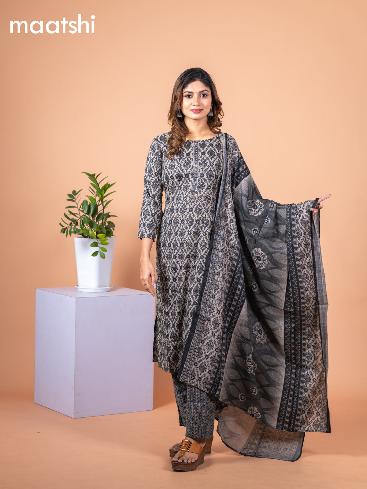 Rayon cotton salwar suit grey and black with allover prints & simple neck pattern and straight cut pant & dupatta