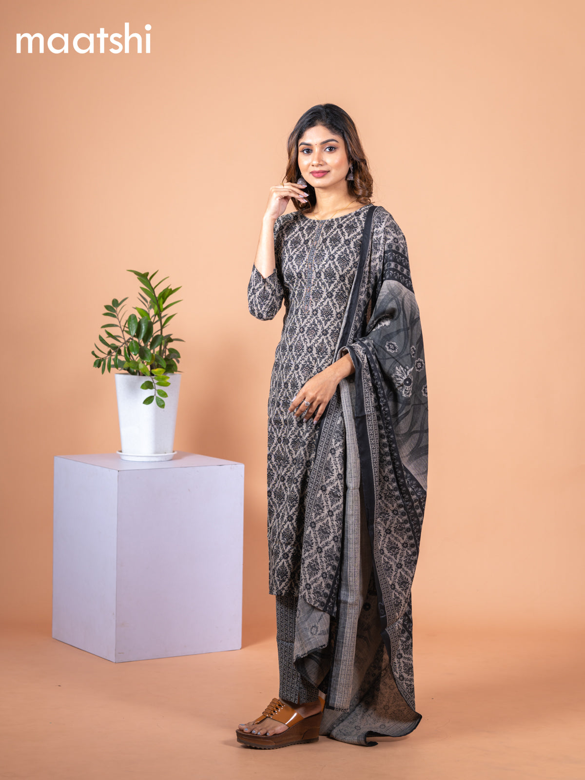 Rayon cotton salwar suit grey and black with allover prints & simple neck pattern and straight cut pant & dupatta