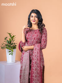 Rayon cotton salwar suit grey and maroon with allover prints & simple neck pattern and straight cut pant & dupatta