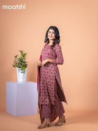 Rayon cotton salwar suit grey and maroon with allover prints & simple neck pattern and straight cut pant & dupatta