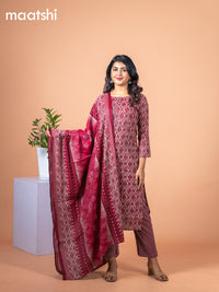 Rayon cotton salwar suit grey and maroon with allover prints & simple neck pattern and straight cut pant & dupatta