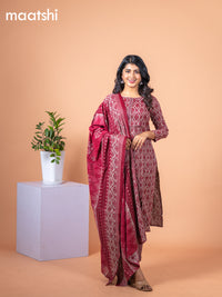 Rayon cotton salwar suit grey and maroon with allover prints & simple neck pattern and straight cut pant & dupatta