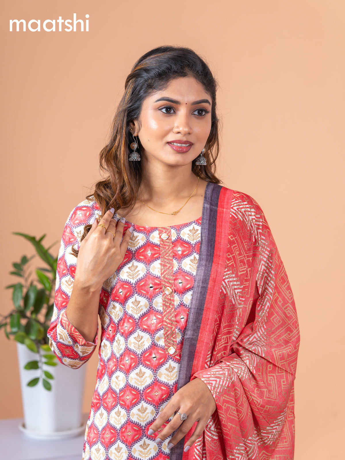 Rayon cotton salwar suit reddish pink and off white with allover prints & mirror work neck pattern and straight cut pant & dupatta