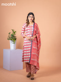 Rayon cotton salwar suit reddish pink and off white with allover prints & mirror work neck pattern and straight cut pant & dupatta